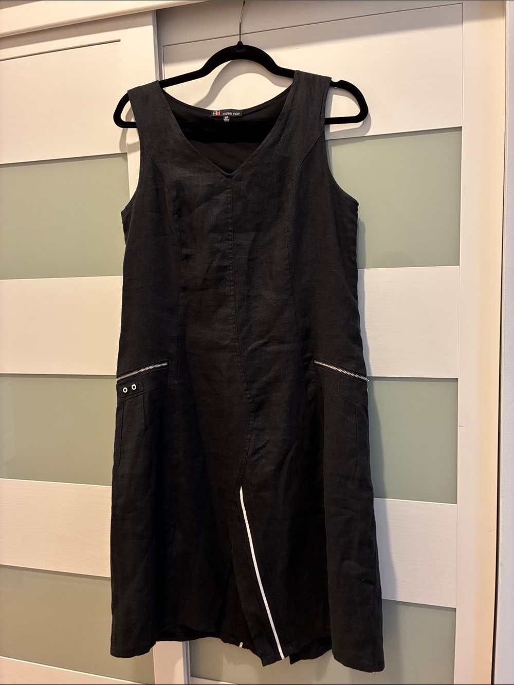 100% Linen Black Sleeveless Midi Dress with Front Zip Accent